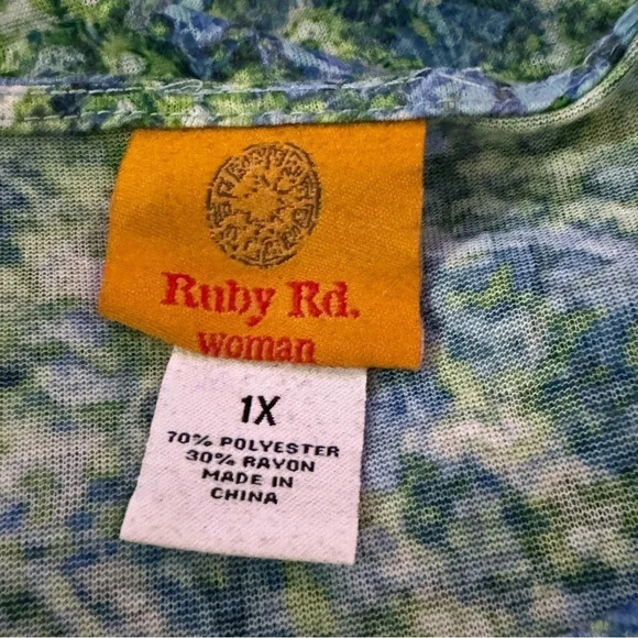 Ruby Rd 1X Shirt Top Blue Paisley Cap Short Sleeve Round Neck Knit Casual Womens - Picture 5 of 6
